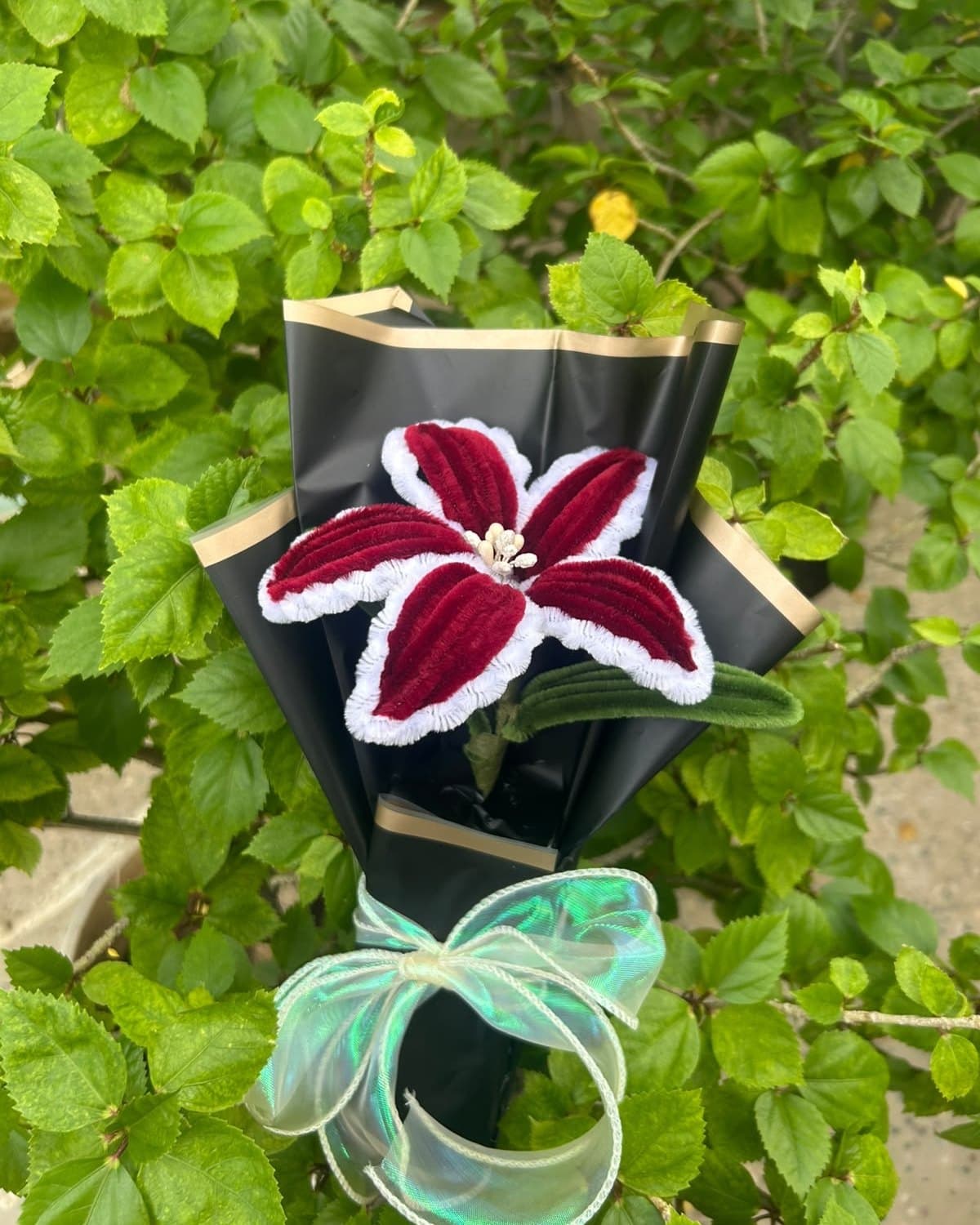 Maroon pipe cleaner lily edged in white with a green leaf, wrapped in black paper with a gold edge